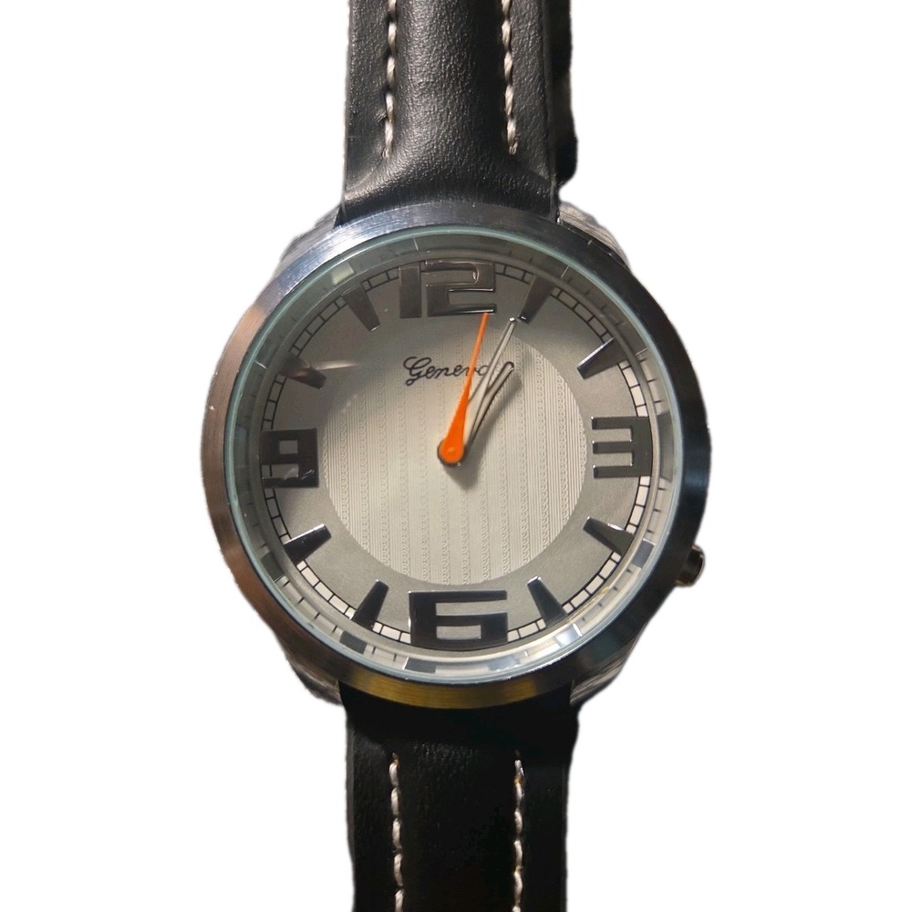 Geneva Quartz Analog Wrist Watch Black Leather Band Silver Dial Orange Sec Hand